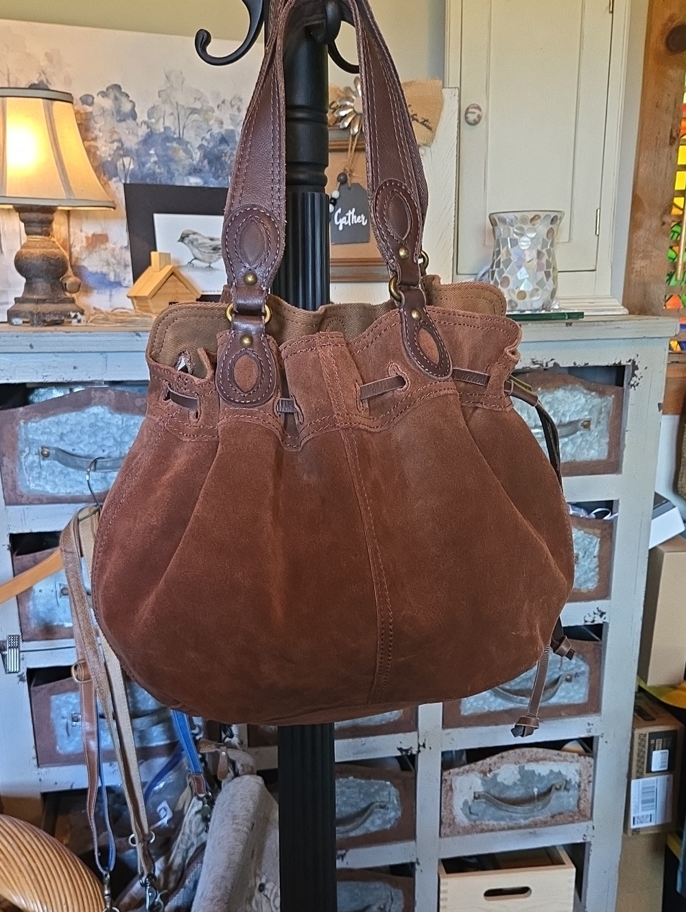 Lucky Vintage Lg Brown Suede Drawstring Tote Bag - Women's Shoulder Bag